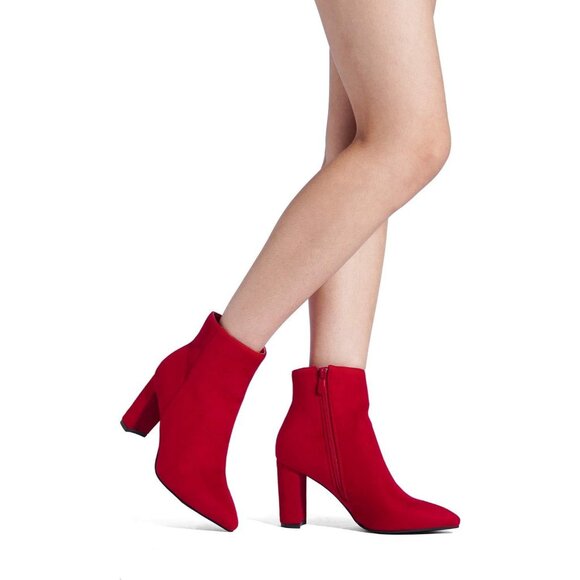 Dream Pairs Women's Red Pointed Toe Fur Lining Chunky Block Heel Ankle Booties - Picture 6 of 7